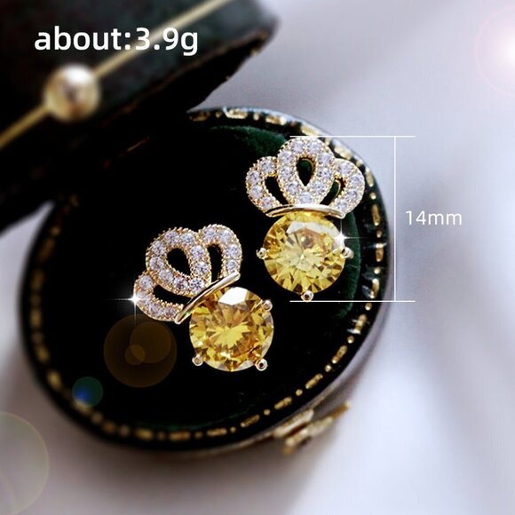 🔥 Yellow Crystal CZ Crown Shape Stud Earrings for Women, HA4502 - Picture 3 of 3